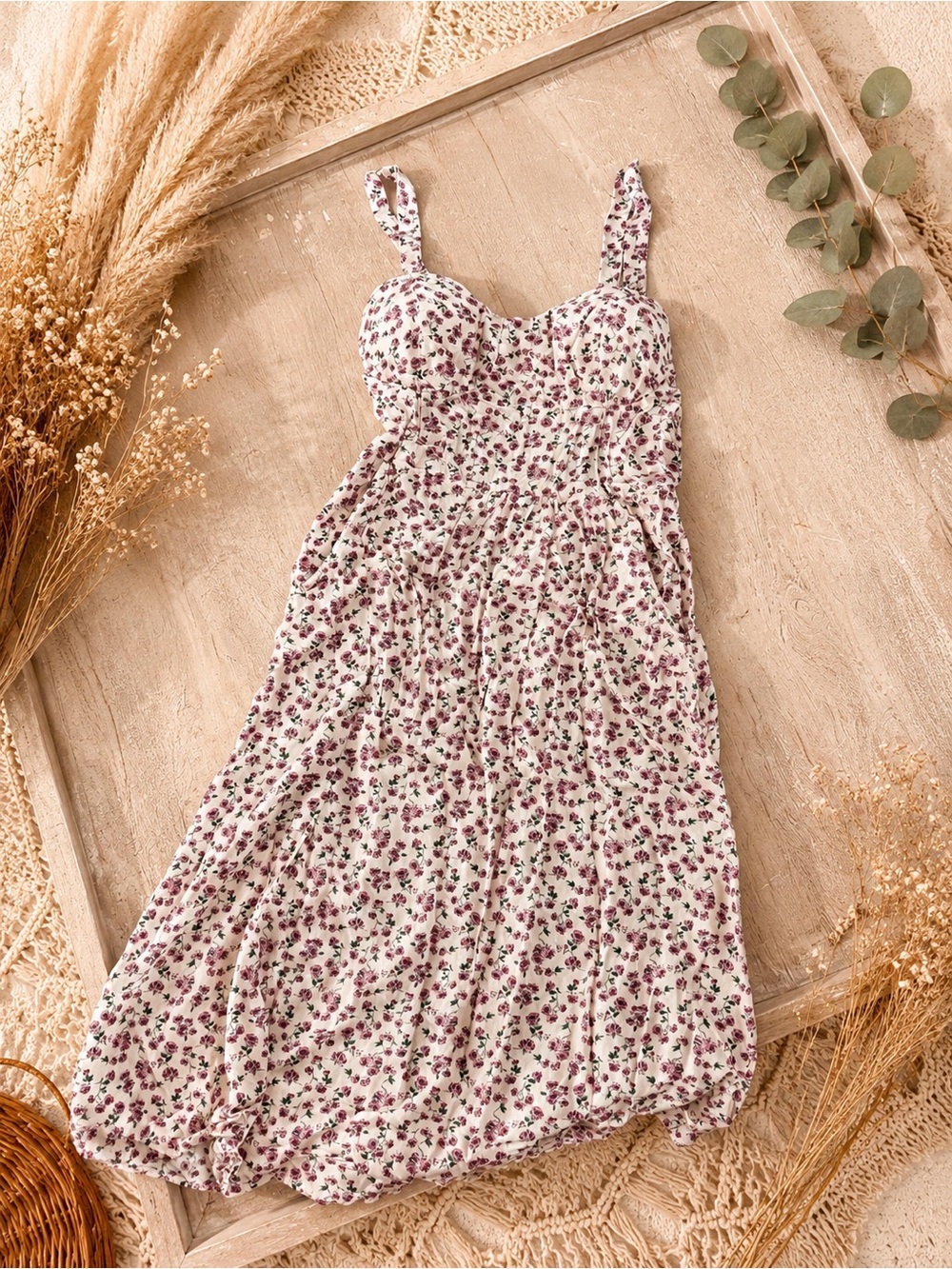 Floral Smocked Bust Midi Dress in Cream and Mauve